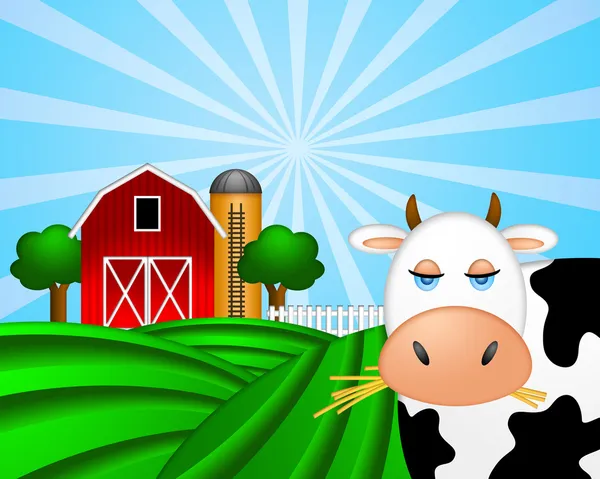 Vaca en pasto verde con granero rojo con Silo de grano —  Fotos de Stock