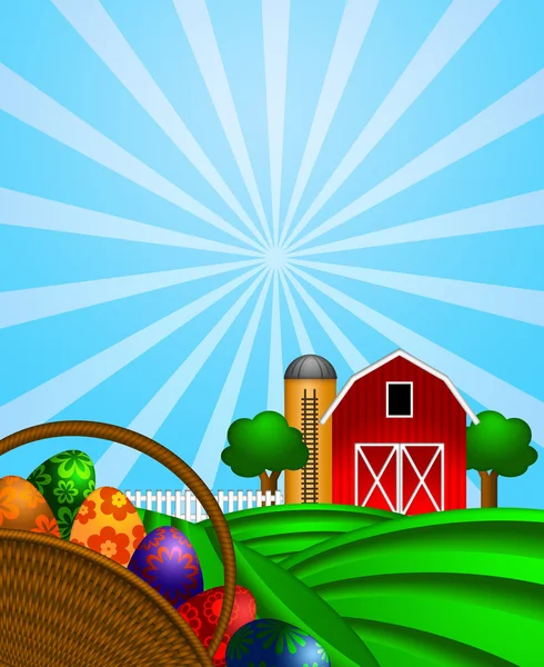 Cesta de huevos de Pascua con granero rojo en pasto verde —  Fotos de Stock