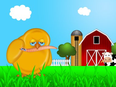 Chick Eating Worm in Farm clipart