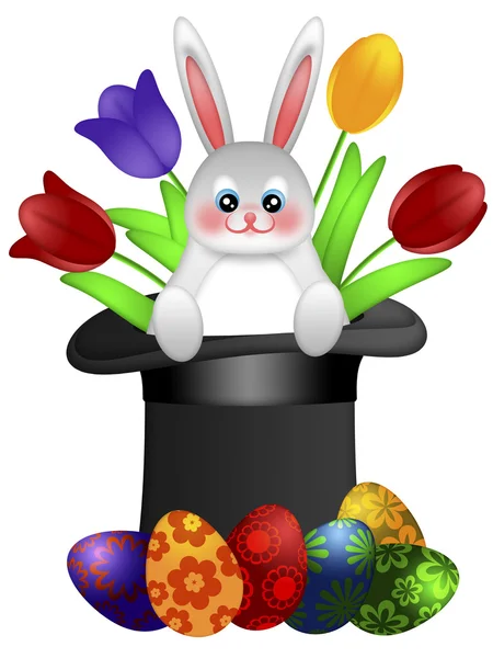 复活节天兔子在魔术师的帽子 — 图库照片
