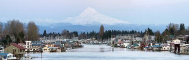 Boat Houses Along Columbia River and Mount Hood clipart