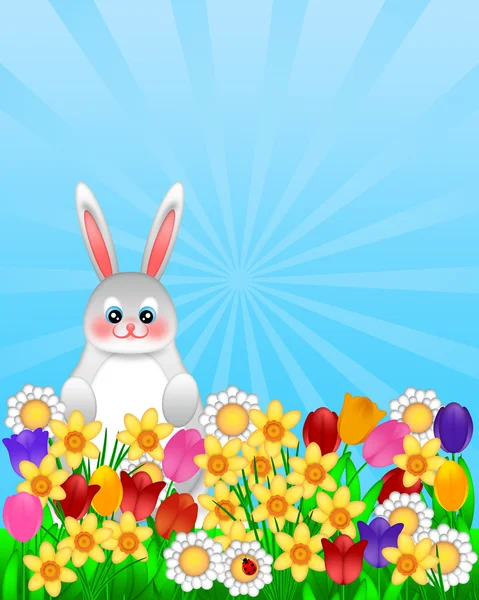 Conejo de Pascua con Flores de Primavera Ilustración — Foto de Stock