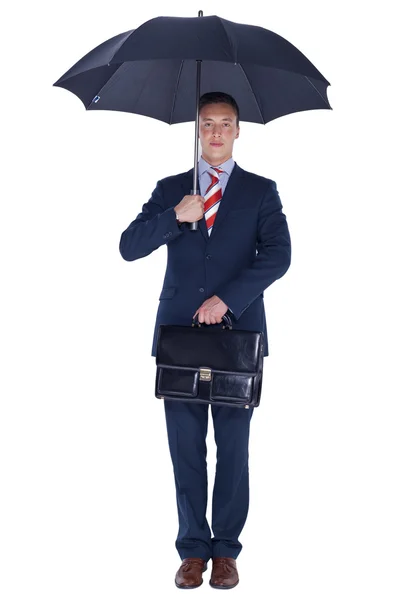 Zakenman met werkmap en parasol — Stockfoto