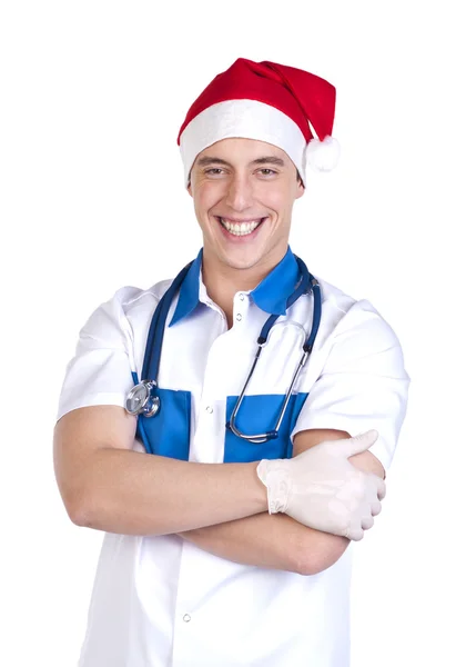 Smiling paramedic in red hat — Stock Photo, Image