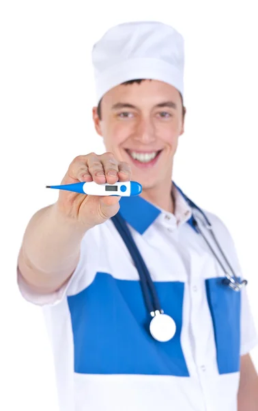 Paramedico sorridente con termometro — Foto Stock