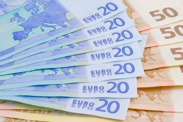 20-euro banknotes on 50-euro banknotes — Stock Photo, Image