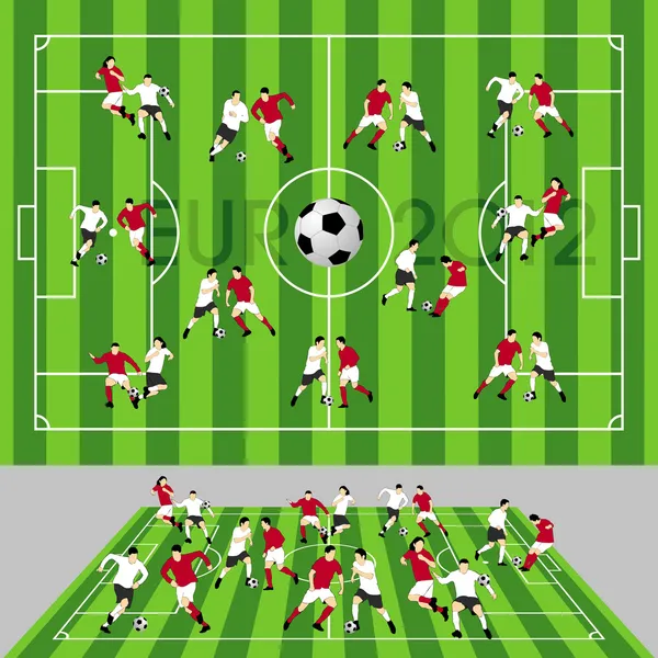 Campo de fútbol con pelota y jugadores — Vector de stock