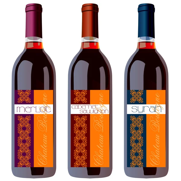 Garrafas de vinho conjunto com etiquetas vintage — Vetor de Stock