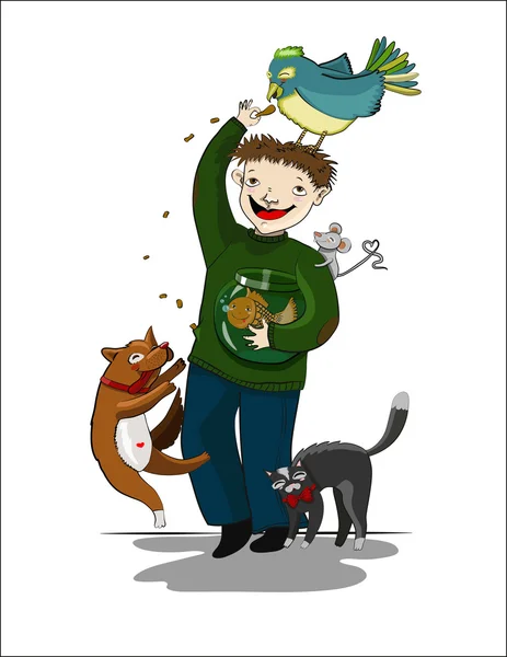 Cartoon man met dieren — Stockvector