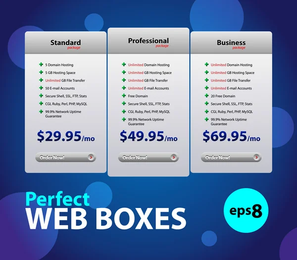 Perfect Web Boxes Planes de alojamiento para su sitio web — Vector de stock