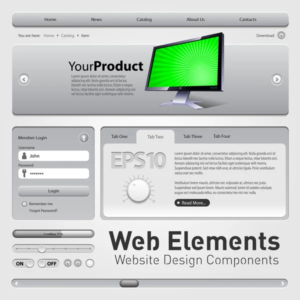 Elementi Web Componenti di progettazione del sito web Gra — Vettoriale Stock