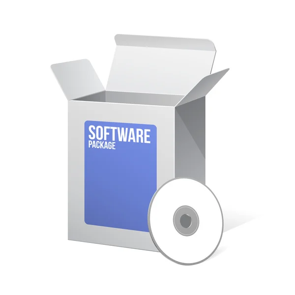 Software balíček prázdné krabici otevřela bílé a modré s cd nebo dvd disk — Stockový vektor