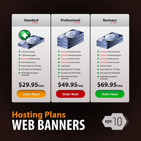 Mükemmel web hosting planları Web sitesi tasarımı için kutuları afiş — Stok Vektör