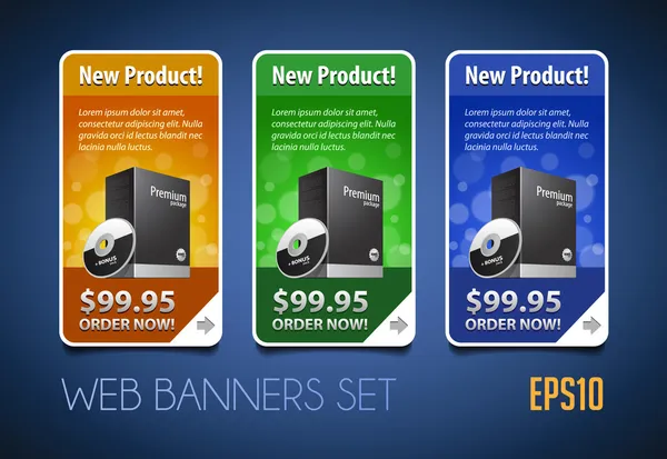 Novo produto redondo cantos Banners conjunto vetor colorido versão 2: Azul, Yello — Vetor de Stock