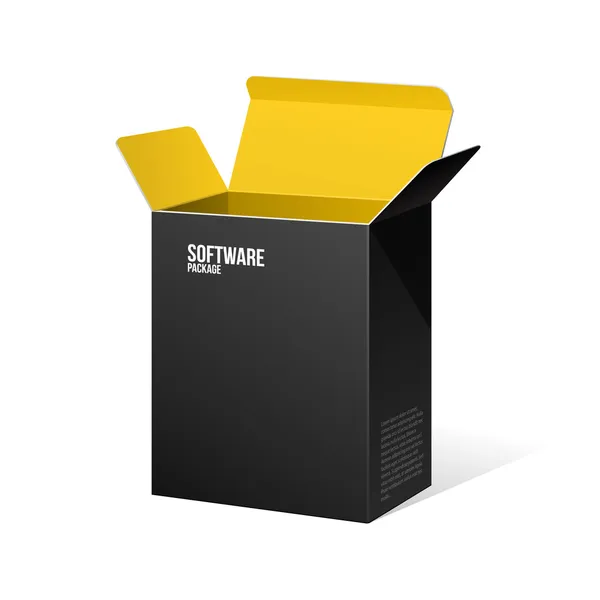 Caixa de pacote de software aberto preto dentro amarelo laranja — Vetor de Stock
