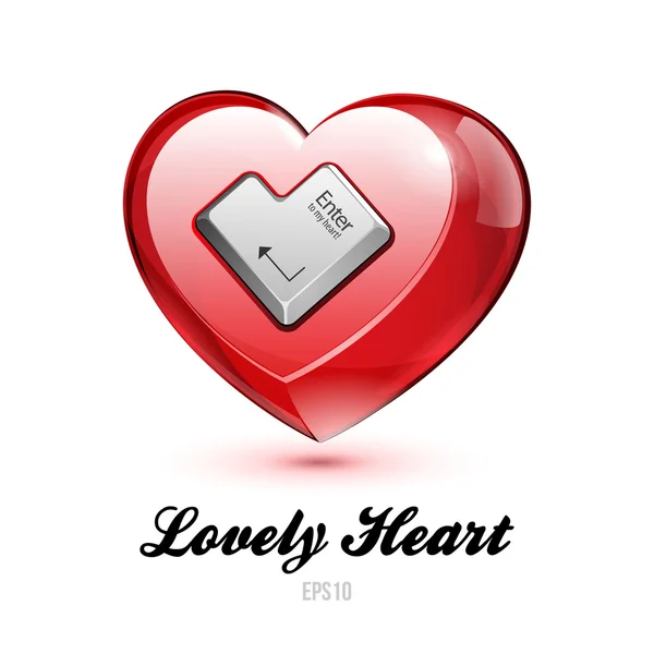 Červené sklo lesklé krásné srdce s Enter tlačítko Valentýn — Stockový vektor