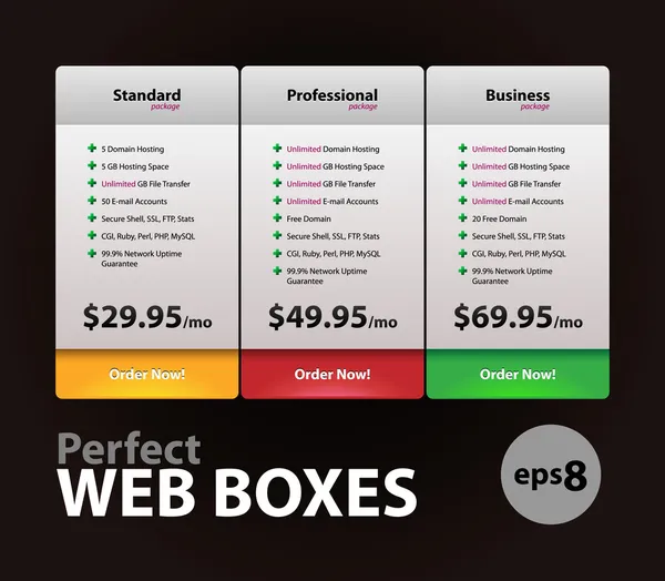 Tökéletes Web Hosting terveket dobozok részére a Website Design Jogdíjmentes Stock Illusztrációk