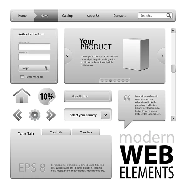 灰色の現代的なウェブサイトのデザイン要素 — ストックベクタ