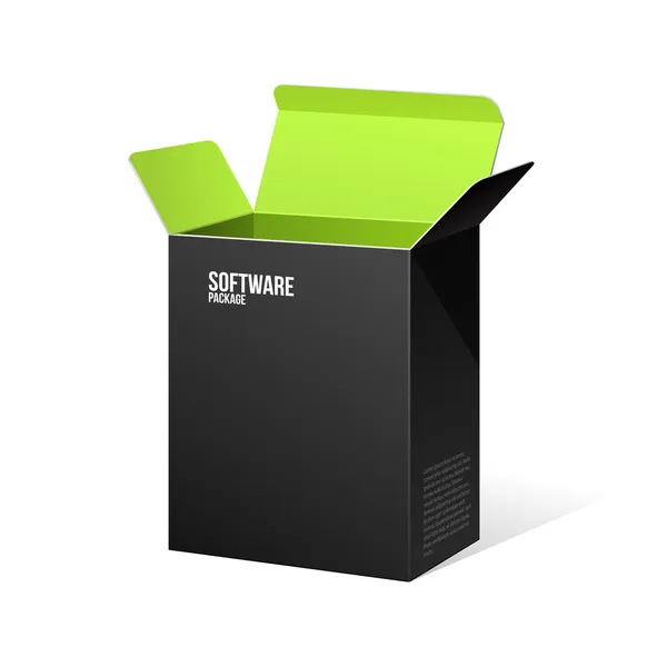Scatola del pacchetto software aperta nera dentro verde — Vettoriale Stock