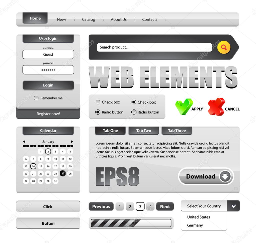 Hi-End Grayscale Web Interface Design Elements
