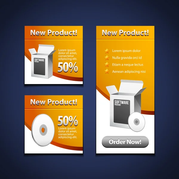 3 Banners de software con caja blanca abierta y disco CD amarillo naranja — Vector de stock