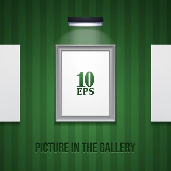 Imagem no quadro moderno metálico na parede listrada verde com luz — Vetor de Stock