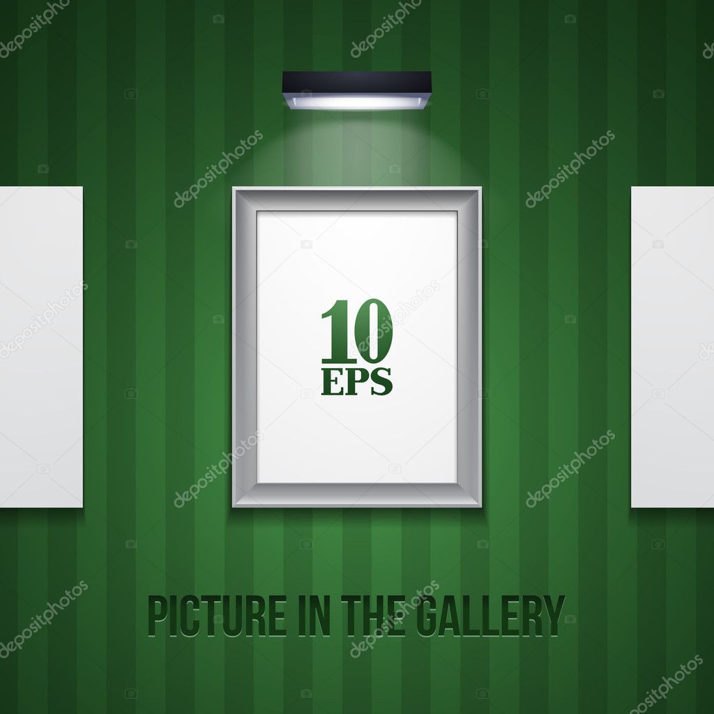 Picture In Metallic Modern Frame On The Green Striped Wall With Light