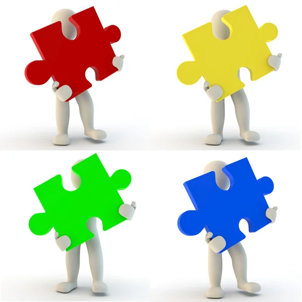 3D Human character holding jigsaw puzzle — Stock Photo, Image