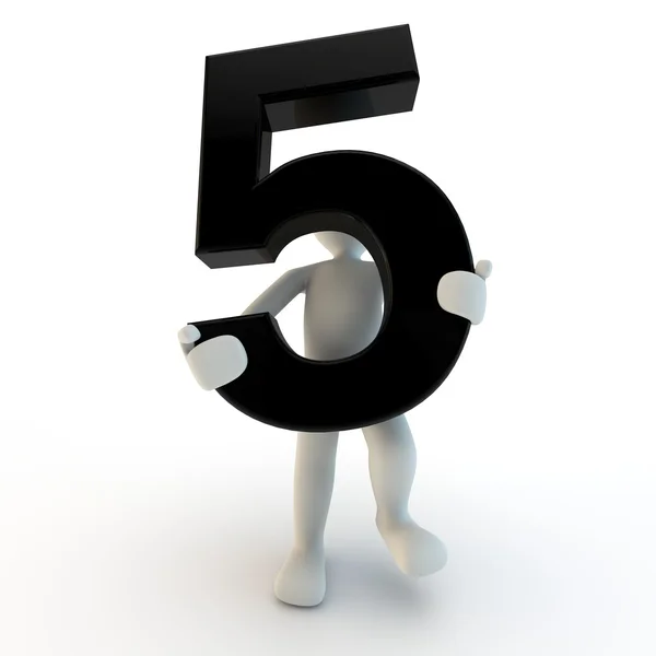 Personaje humano 3D sosteniendo el número negro 5, pequeño —  Fotos de Stock