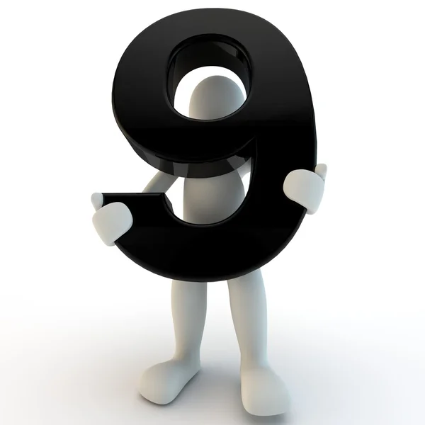 3D Human character holding black number 9, small — Stock Photo, Image