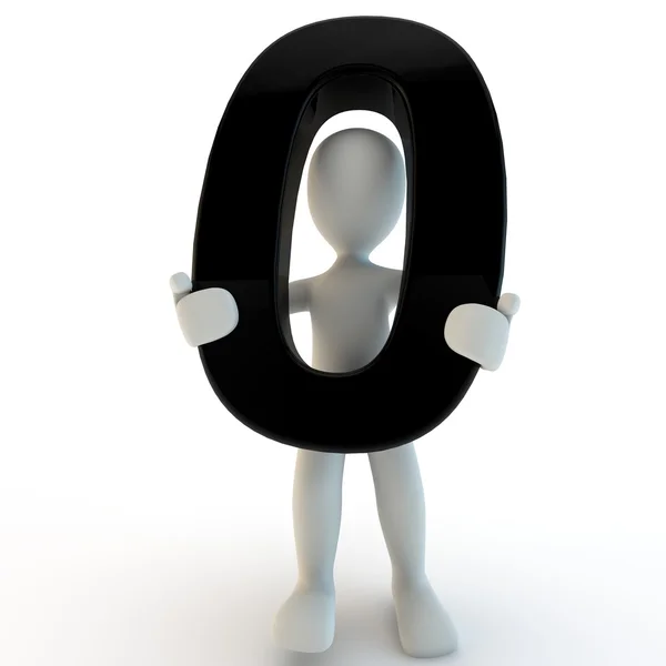 Personaje humano 3D sosteniendo el número negro 0 pequeño — Foto de Stock
