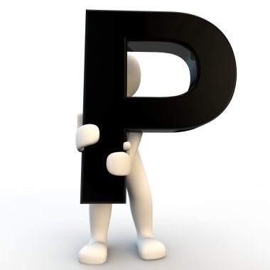 3D Human character holding black letter P, small