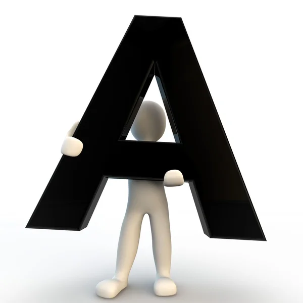 3D Human character holding black letter A, small — Stock Photo, Image
