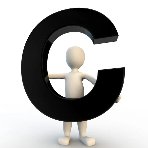 3D Human character holding black letter C, small — Stock Photo, Image