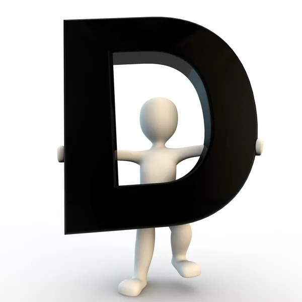 Personagem humano 3D segurando letra preta D, pequeno — Fotografia de Stock