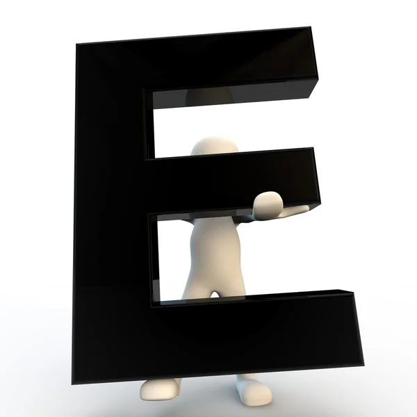 3D Human character holding black letter E, small — Stock Photo, Image