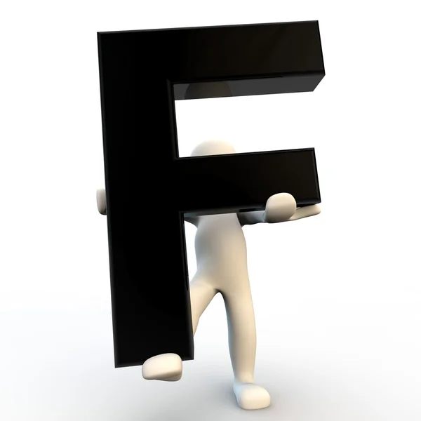 3D Human character holding black letter F, small — Stock Photo, Image