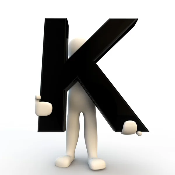 3D Human character holding black letter K, small — Stock Photo, Image