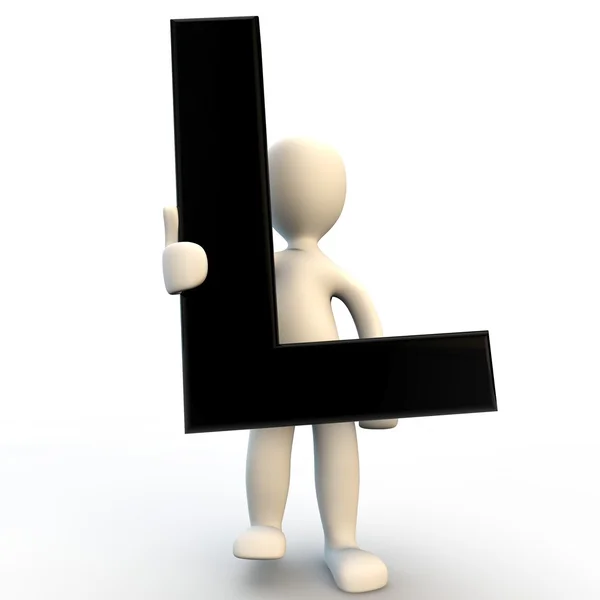 Caráter humano 3D segurando letra preta L, pequeno — Fotografia de Stock