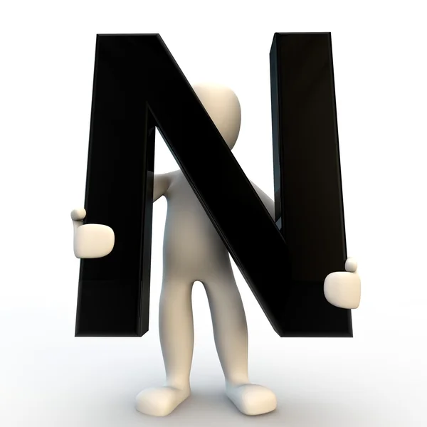 ブラック文字 n を小さな保持している人間の 3 d のキャラクター — ストック写真