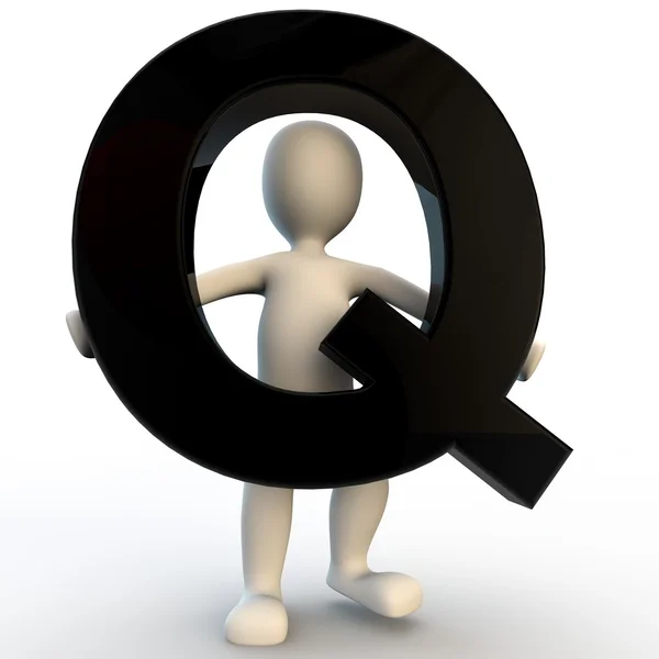 3D Human character holding black letter Q, small — Stock Photo, Image