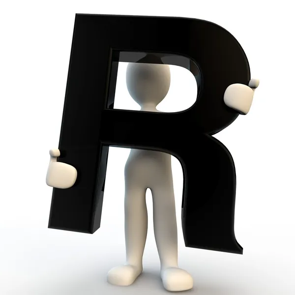 3D Human character holding black letter R, small — Stock Photo, Image