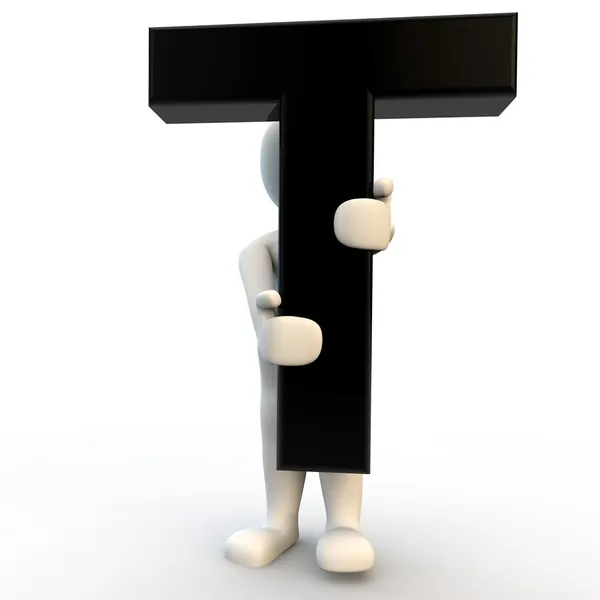 Personaje humano 3D sosteniendo la letra negra T, pequeña —  Fotos de Stock