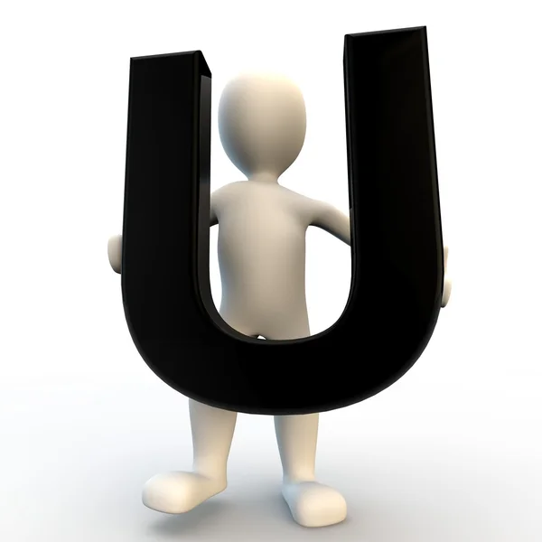 3D ανθρώπινο χαρακτήρα, κρατώντας το μαύρο γράμμα u, μικρό — Φωτογραφία Αρχείου