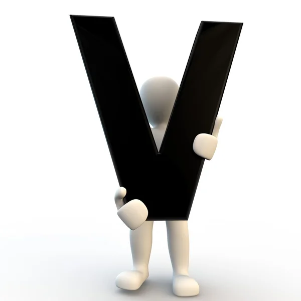 3D Human character holding black letter V, small — Stock Photo, Image