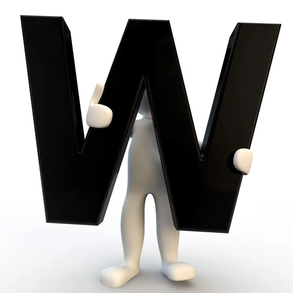 Personaje humano 3D sosteniendo letra negra W, pequeño —  Fotos de Stock
