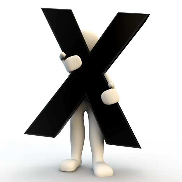 3D ανθρώπινο χαρακτήρα κρατώντας μαύρο γράμμα x, μικρό — Φωτογραφία Αρχείου