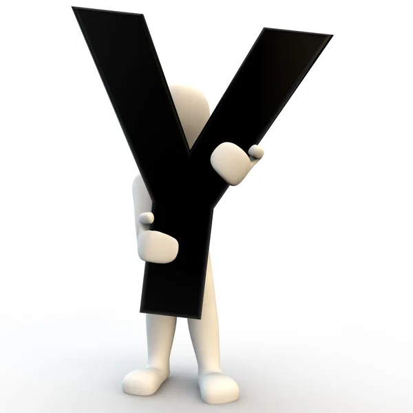 3D Human character holding black letter Y, small — Stock Photo, Image