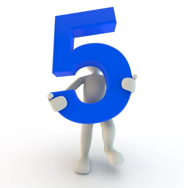 3D mänskliga karaktären håller blå nummer fem — Stockfoto