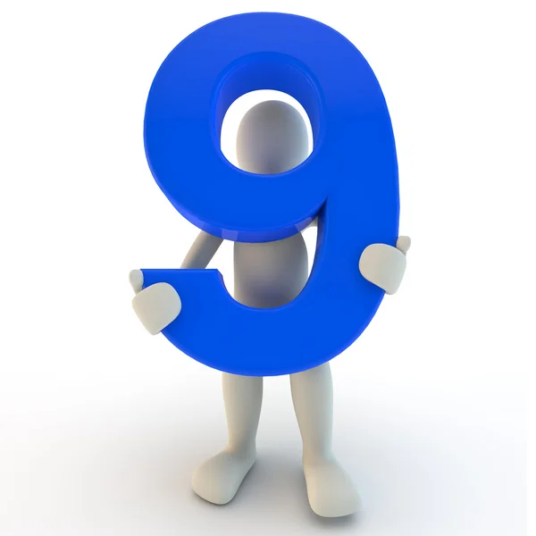 3D ανθρώπινο χαρακτήρα που κατέχει μπλε αριθμό εννέα — Φωτογραφία Αρχείου